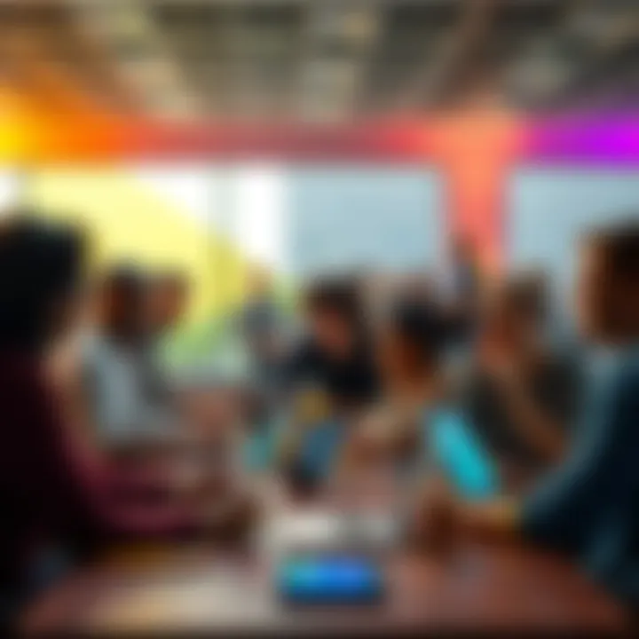 A diverse group of people engaged in a lively discussion about cryptocurrency at a table with laptops and smartphones.