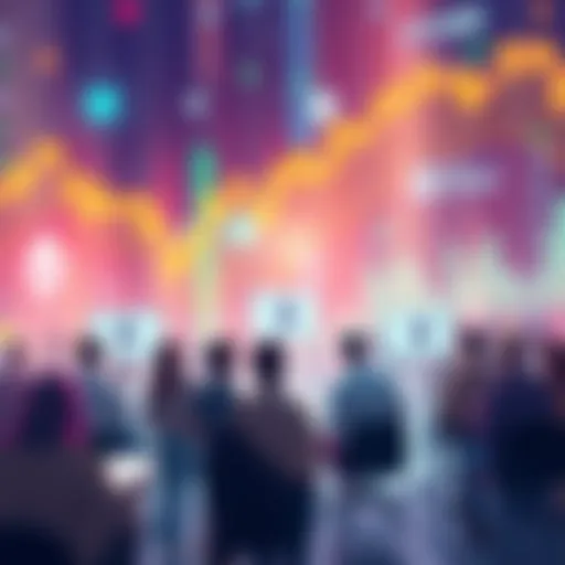 A vibrant graphic showing people discussing cryptocurrency trends and news, with Ethereum logos and digital charts in the background.