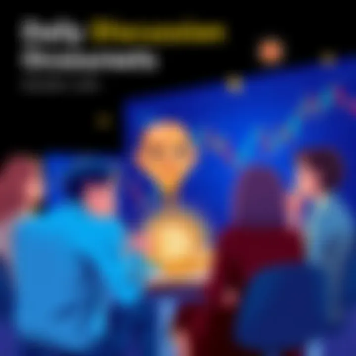 A group of people engaging in a lively discussion about cryptocurrency, surrounded by digital currencies and trading charts.