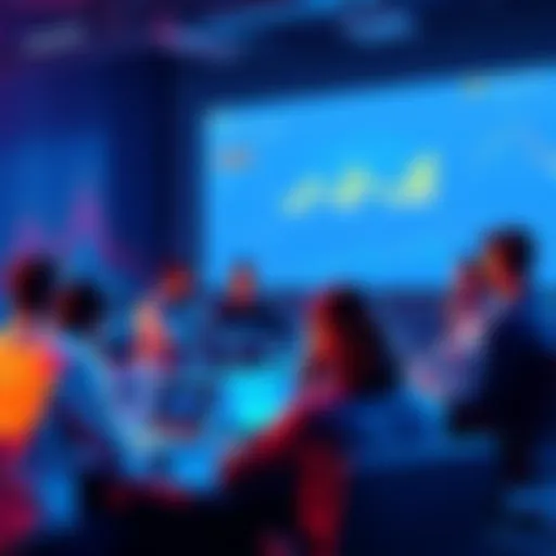 Group of people discussing cryptocurrency topics with charts and laptops