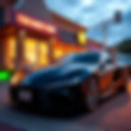 A stylish car parked outside a Trump-themed memecoin dinner, attracting attention with its flashy design.