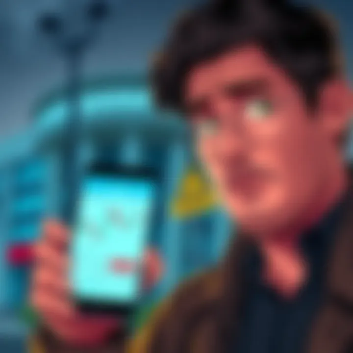 A person looking worried while holding a smartphone displaying a cryptocurrency exchange app, with bank buildings and a warning sign in the background.