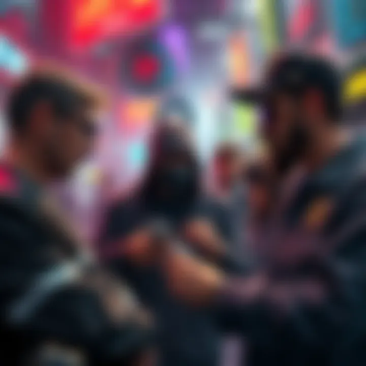 A group of individuals making quick money in a chaotic cryptocurrency market, showcasing greed and deception affecting the industry's reputation.