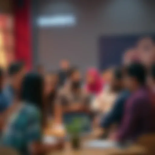 A group of diverse people discussing cryptocurrency, with real and fake influencers represented symbolically, in a lively setting.