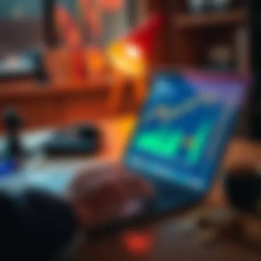 A person analyzing cryptocurrency graphs and data on a laptop, with coins and a calculator on the desk