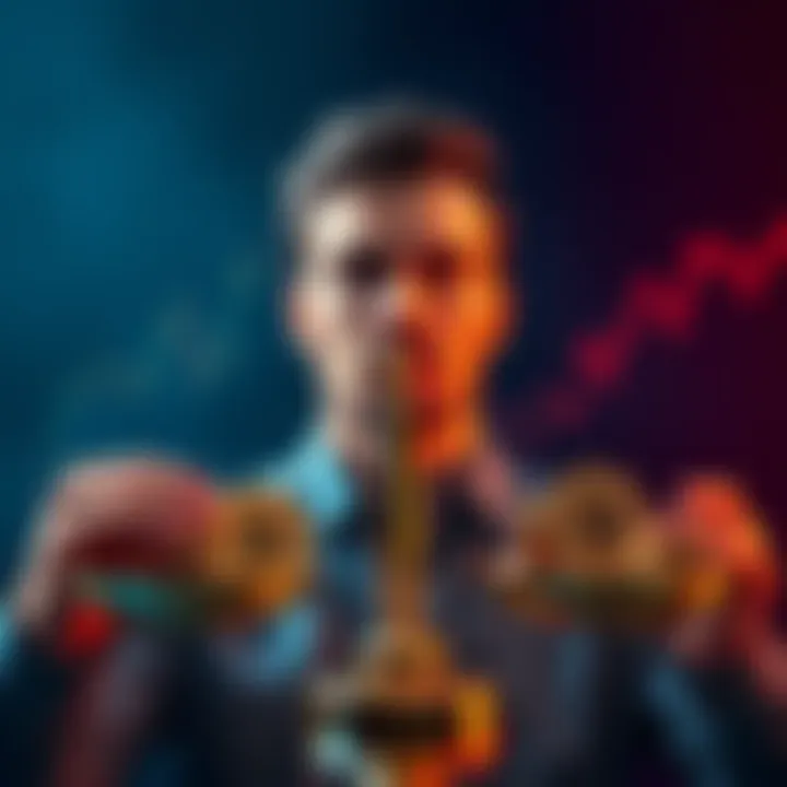 A person weighing options between a concentrated and diversified crypto portfolio, showing coins on one side and a chart on the other.
