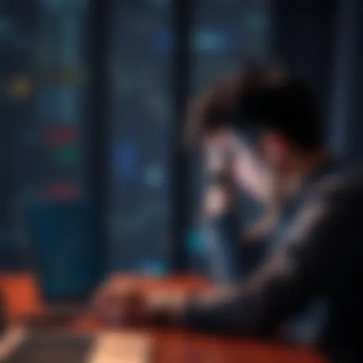 A person looking at a declining cryptocurrency chart on a laptop, holding their head in uncertainty.