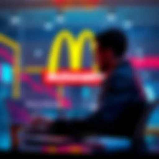 A person sitting at a desk with a laptop showing cryptocurrency charts, while McDonald's logo is visible in the background. The individual appears focused on investing rather than looking for a job.