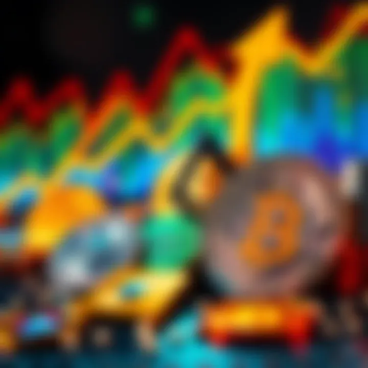 Visual representation of cryptocurrency assets including Hedera, Ethereum, Solana, and Bitcoin with upward growth arrows and a money symbol.