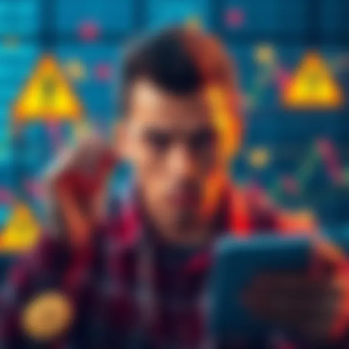 A person analyzing cryptocurrency charts with an expression of concern, surrounded by digital coins and warning signs.