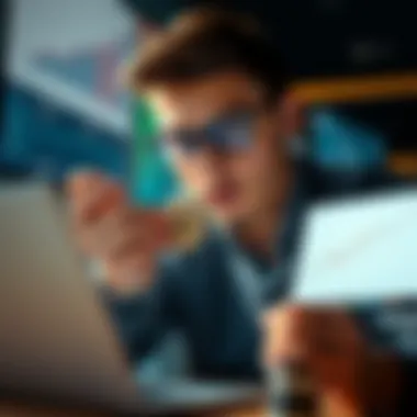 Young person with cryptocurrency coins A 28-year-old holding cryptocurrency coins and looking at a portfolio chart on a laptop, symbolizing financial growth and investment decisions