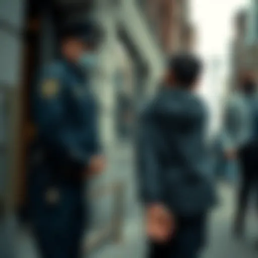A New York City police officer stands beside a handcuffed man outside a building, symbolizing the arrest of a crypto investor in a kidnapping plot.