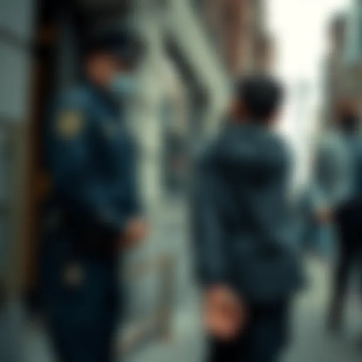 A New York City police officer stands beside a handcuffed man outside a building, symbolizing the arrest of a crypto investor in a kidnapping plot.