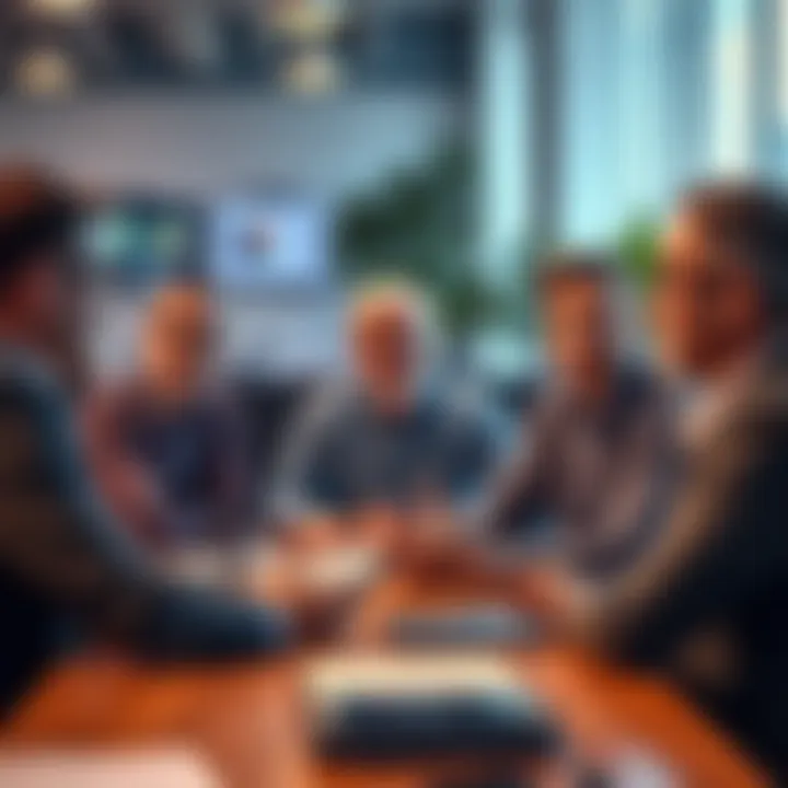 Crypto Investors Finding Strength A group of seasoned investors discussing strategies in a modern office, looking confident and engaged.