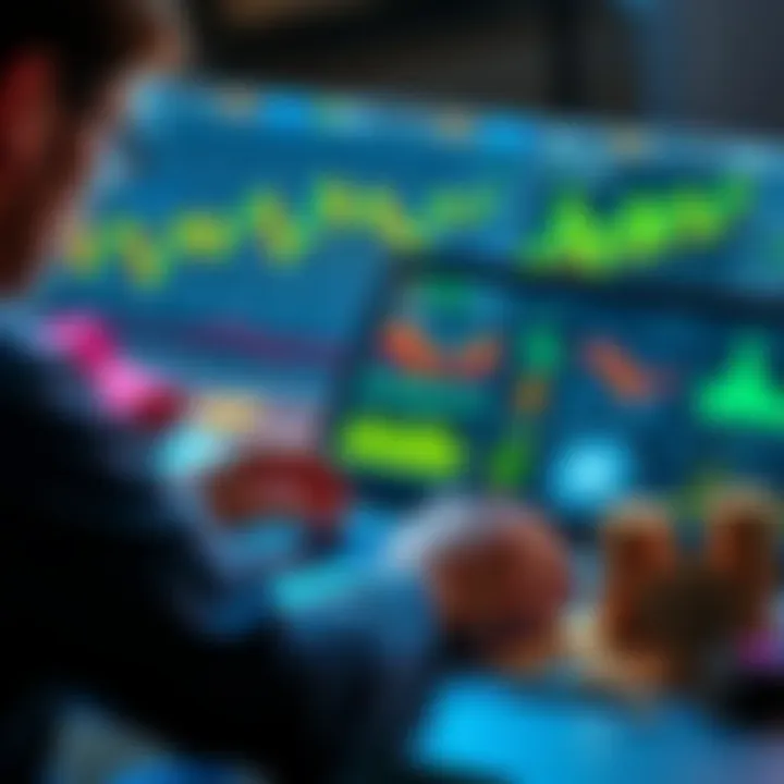 A person analyzing charts and digital wallets related to cryptocurrency on a laptop, surrounded by crypto coins and tools.