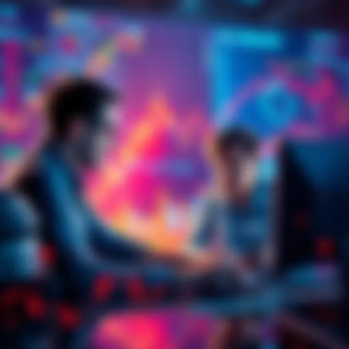 A digital graphic showing fluctuating cryptocurrency values with shocked investors looking at screens.