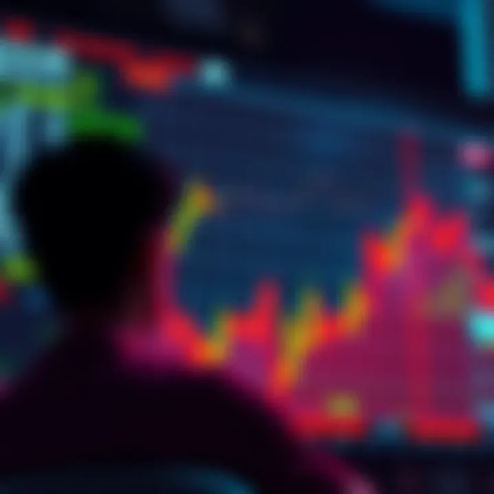 A digital graph showing a downward trend in cryptocurrency prices with a worried person looking at the screen.