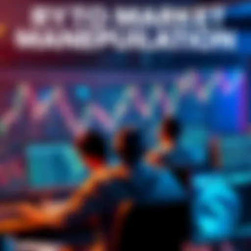 A visual representation of price manipulation in cryptocurrency, showing fluctuating graphs and worried investors looking at screens.