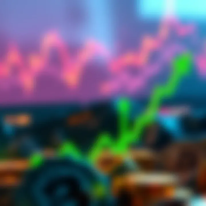 Graph showing a dramatic increase in cryptocurrency value after a crash, with green upward arrows.