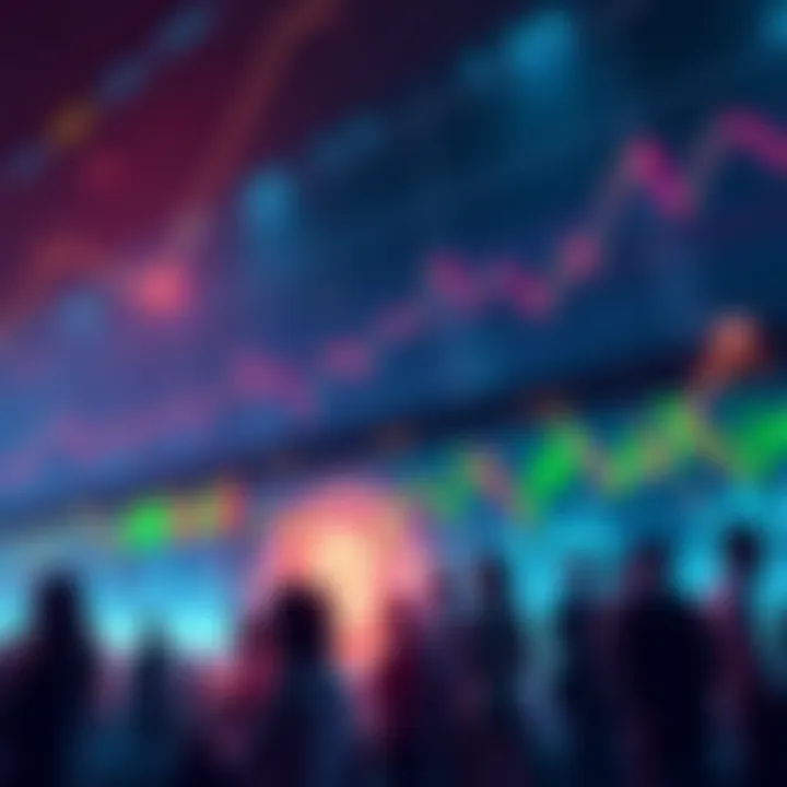 A digital representation of fluctuating cryptocurrency prices with a focus on Bitcoin reaching 100,000 and people discussing market predictions.