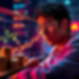 A person looking at a digital graph showing rising cryptocurrency values, with stacks of coins nearby.