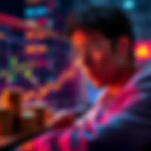 A person looking at a digital graph showing rising cryptocurrency values, with stacks of coins nearby.