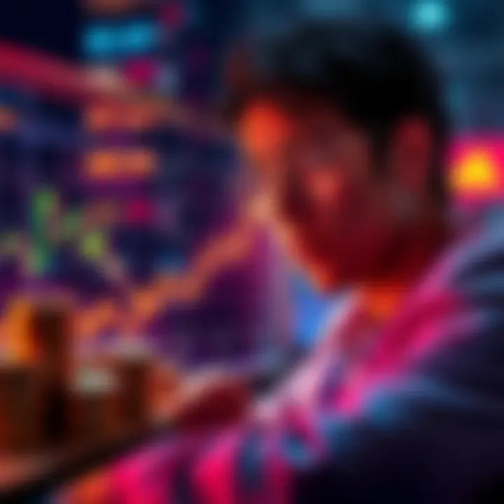 A person looking at a digital graph showing rising cryptocurrency values, with stacks of coins nearby.