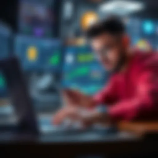 A developer working on a laptop, exploring cryptocurrency options for automated payments in an app, with symbols of Bitcoin and Tether on the screen.
