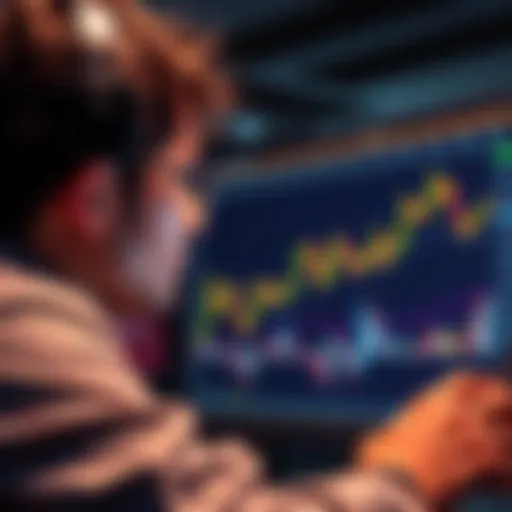 Individual looking at a screen with cryptocurrency graphs, symbolizing passive income growth through staking