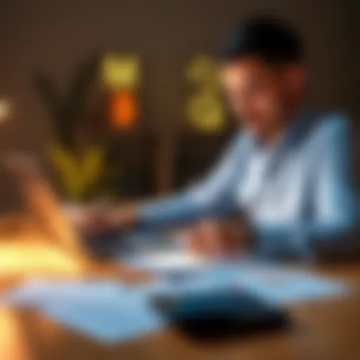 A person reviewing cryptocurrency losses and tax documents at a desk with a laptop and calculator