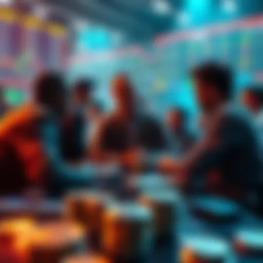 Group of crypto traders in a heated discussion about potential lawsuits after a significant market drop