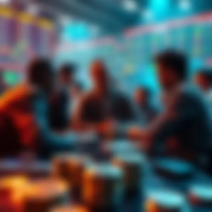 Crypto traders discussing legal action Group of crypto traders in a heated discussion about potential lawsuits after a significant market drop