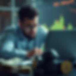 A distressed crypto trader looking at his financial losses with a laptop and bills around him, symbolizing debt and stress.