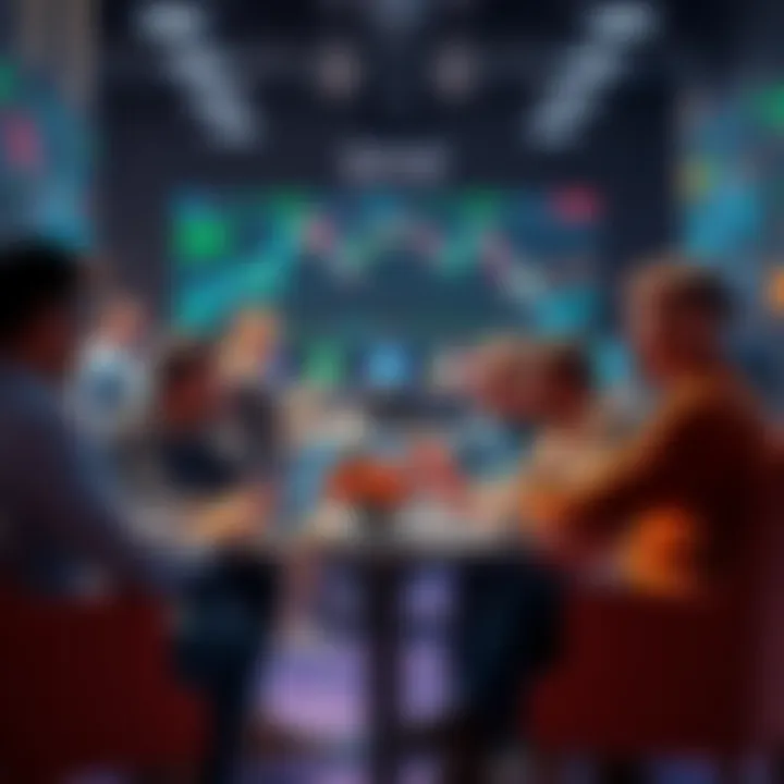 A group of people discussing cryptocurrency trading in a casual setting, with charts and laptops around them