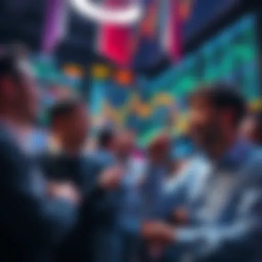 People excitedly trading cryptocurrencies on payday, showing charts and financial activity in a lively setting.