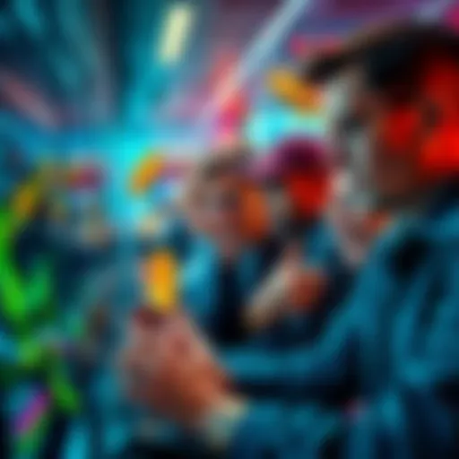 People engaged in cryptocurrency trading, showing emotions of excitement and concern, with digital graphs and coins around them.