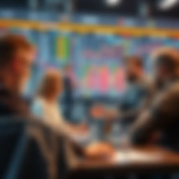 A group of people discussing cryptocurrency trading tips and warnings, with charts and screens showing market data in the background.