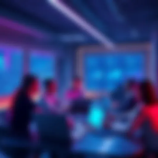 A group of people discussing the applications of cryptocurrency in a modern setting, with laptops and charts displaying crypto trends.