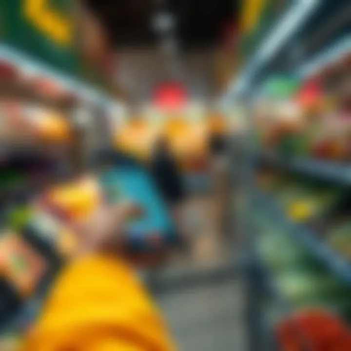 A person buying groceries using a smartphone app that displays cryptocurrency options.