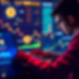 A person analyzing cryptocurrency charts and data on a laptop, with visuals of Bitcoin and stablecoins in the background.