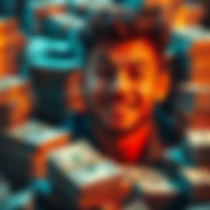 Cupsey smiling while surrounded by stacks of cash, showcasing his financial success