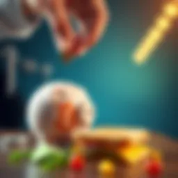 A hand placing a coin into a Bitcoin piggy bank next to a half-eaten sandwich, representing lunch money being invested in cryptocurrency.