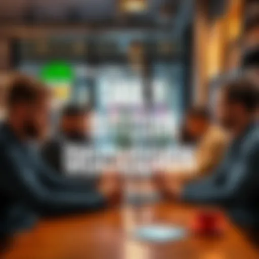 A group of people engaged in a lively discussion about Bitcoin with laptops and smartphones in a coffee shop setting
