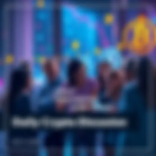 A group of people engaging in a lively discussion about cryptocurrency, sharing insights and exchanging ideas, with digital currency symbols in the background.