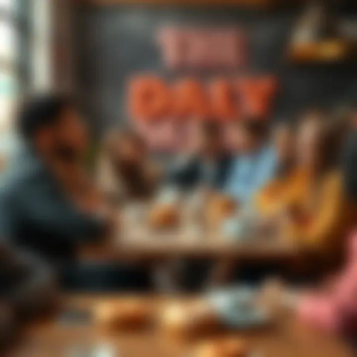 A group of diverse people engaging in conversation around a table with donuts and coffee, sharing thoughts and ideas.