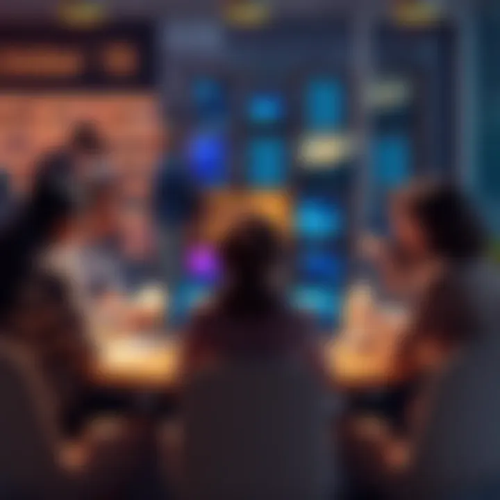 A group of people engaging in discussions at a round table with laptops and coffee cups