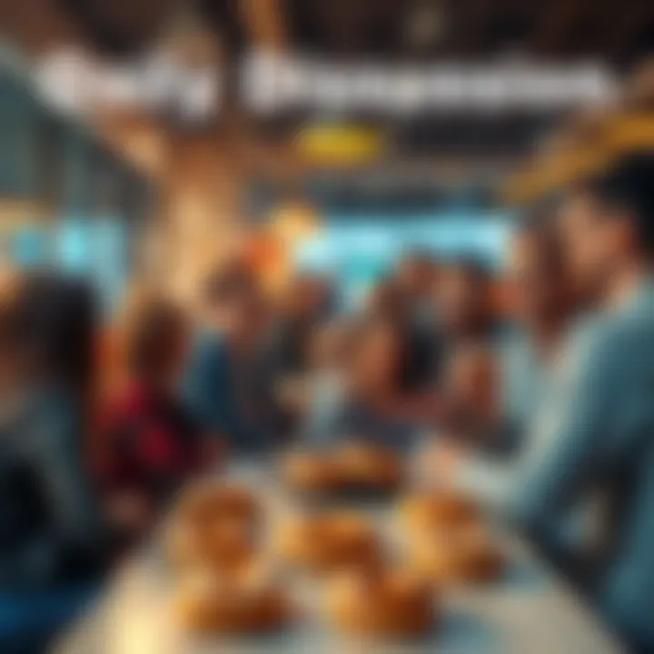 A group of people chatting in a casual setting, with donuts on a table, showing a friendly discussion atmosphere.