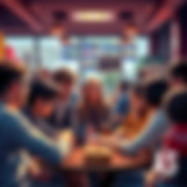 Group of people engaged in a lively discussion about donuts and trading in a casual setting