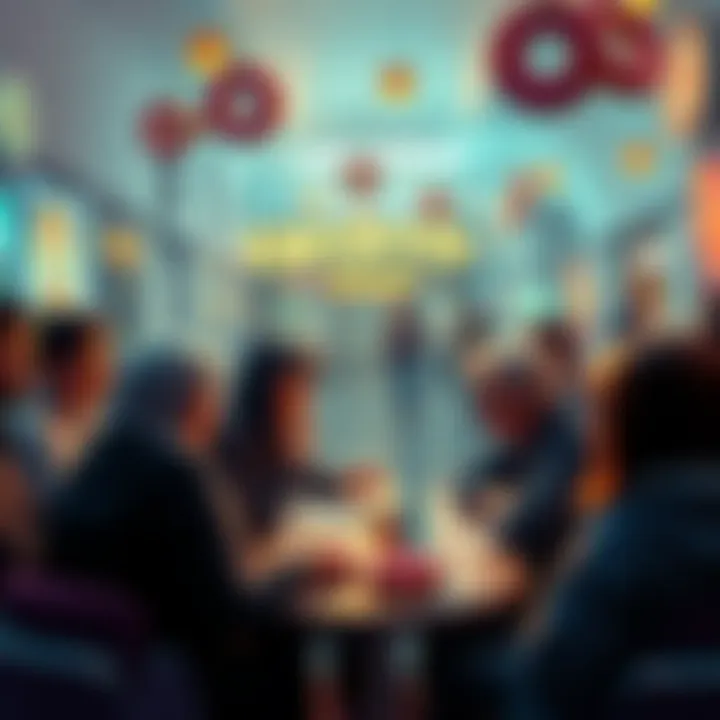 People engaging in a discussion about cryptocurrencies, with donuts and a vibrant community atmosphere