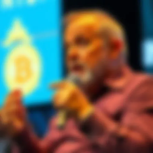 Financial expert Dave Ramsey explaining Bitcoin's significance at a seminar, with a Bitcoin symbol in the background.